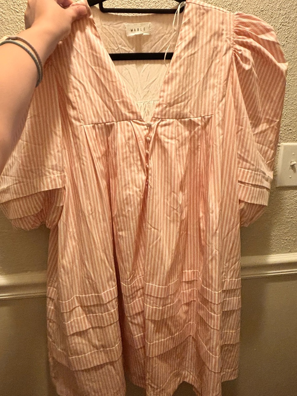 Mable Soft Pink Striped V-Neck Puff-Sleeve Tunic Dress by Mable